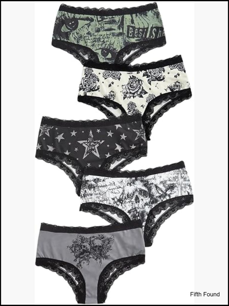 5 Pack Goth Graphic Sheer Lace Trim Mid Rise Briefs